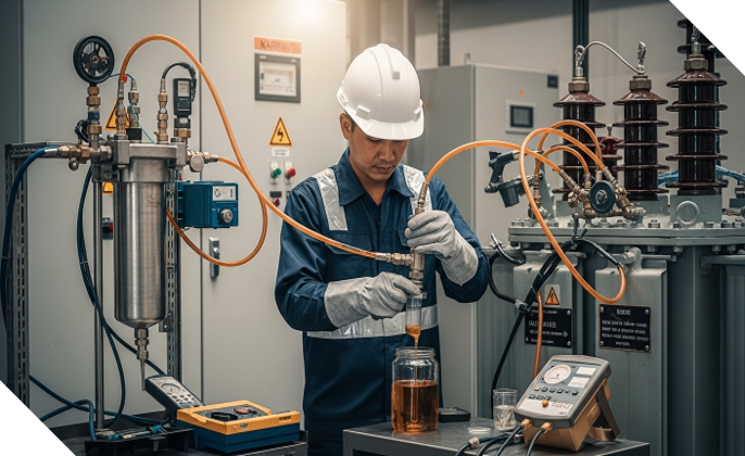 Técnico industrial realizando toma de muestra y filtrado de aceite dieléctrico en transformador eléctrico para mejorar su aislamiento y prevenir fallas operativas