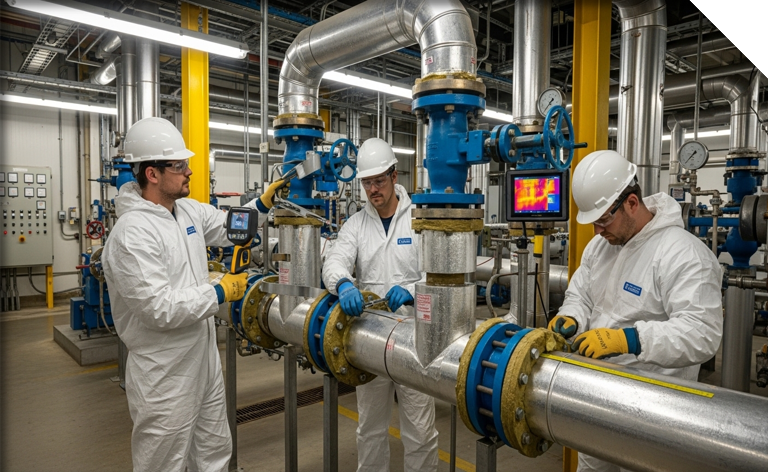 Técnicos aplicando aislamiento térmico en tuberías de vapor industrial, protegiendo el calor, reduciendo pérdidas energéticas y mejorando la eficiencia del sistema.