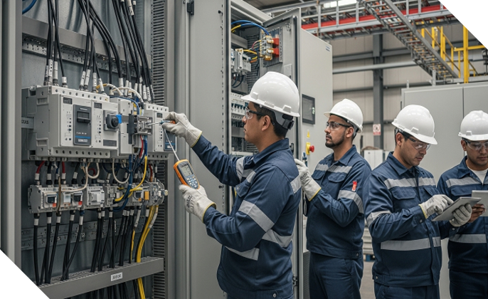 Equipo de ingenieros y técnicos eléctricos trabajando en centro de carga y tableros de potencia industrial realizando medición y ajuste de circuitos para asegurar operación estable de equipos críticos
