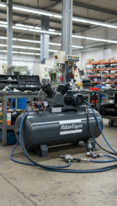 Compresor de pistón Atlas Copco en taller industrial para herramientas neumáticas y mantenimiento
