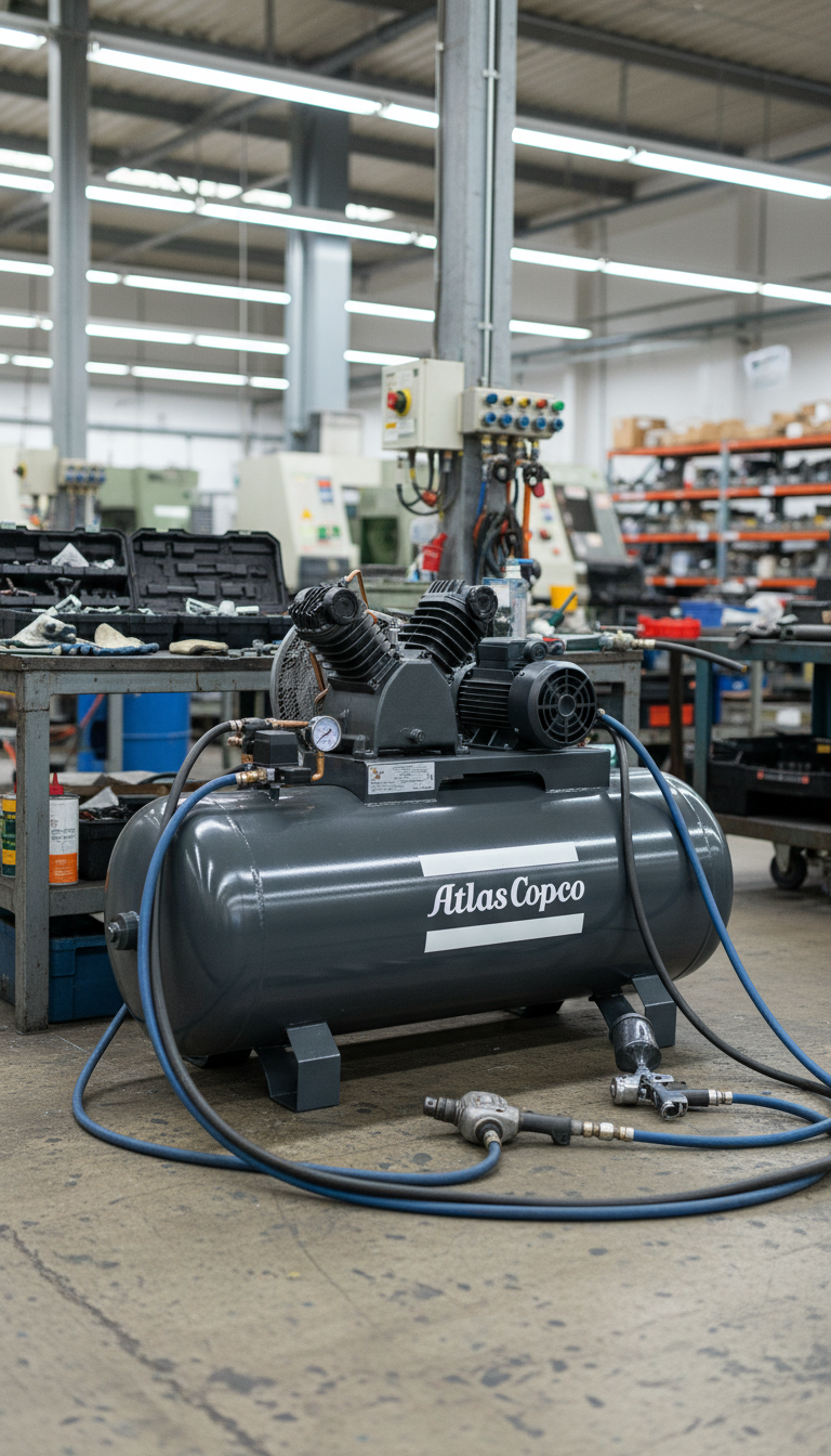 Compresor de pistón Atlas Copco en taller industrial para herramientas neumáticas y mantenimiento