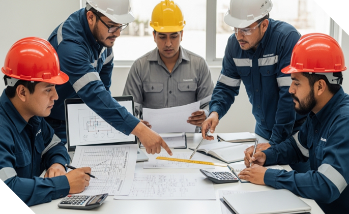 diseno-calculo-sistema-electrico Equipo de ingenieros realizando diseño y cálculo de sistemas eléctricos industriales