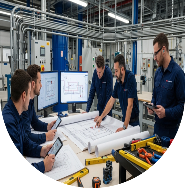 Ingenieros y técnicos planificando rutas de tuberías conduit eléctricas en planta industrial, revisando planos y asegurando protección, orden y facilidad de mantenimiento.