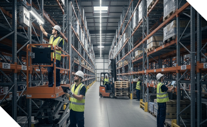 Sistema de iluminación LED en almacén industrial con técnicos verificando luminarias mientras personal opera montacargas y organiza mercancía con buena visibilidad