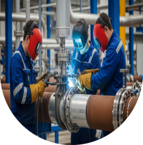 Técnicos instalando tuberías de acero certificadas para gas natural en planta industrial, realizando soldadura especializada y asegurando rutas y funcionamiento estable.