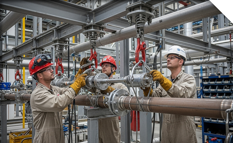 Técnicos instalando tuberías de vapor de alta presión y temperatura, con soportes especializados y control de expansión térmica, asegurando instalaciones seguras y duraderas en planta industrial.