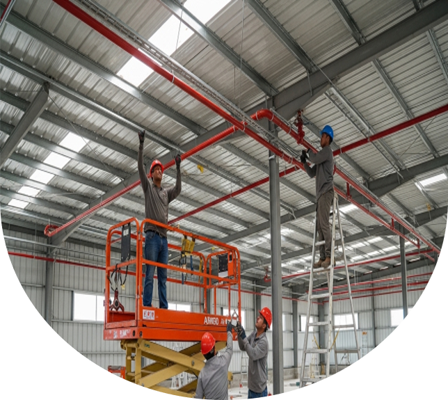 Instalación de red contra incendios con tuberías rojas y rociadores en nave industrial