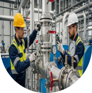 Técnicos integrando la red de gas natural con calderas, hornos y quemadores en planta industrial, asegurando compatibilidad, presión estable y funcionamiento seguro.