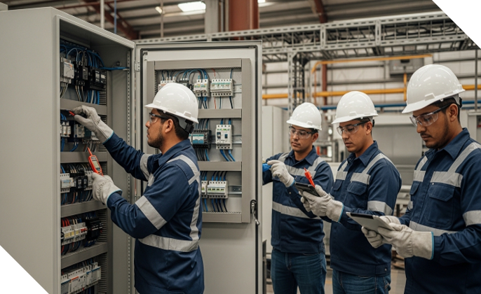 Equipo de técnicos eléctricos modernizando tablero industrial mediante reemplazo de componentes y mejora en sistemas de seguridad para adaptarlo a nuevas cargas operativas
