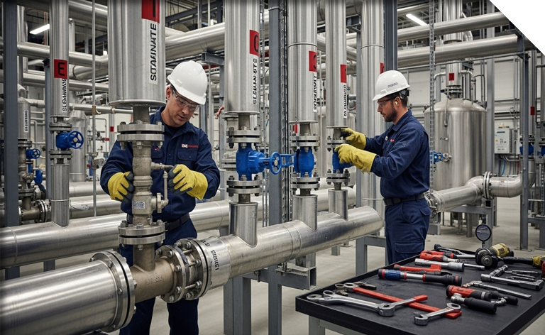 Técnicos instalando trampas de vapor y líneas de retorno de condensado en tuberías industriales aisladas, asegurando eliminación de acumulaciones y conducción eficiente del vapor.