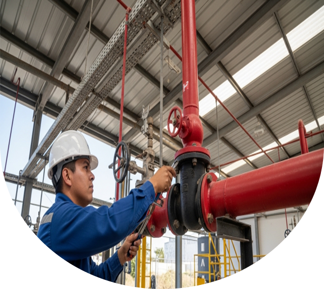 Mantenimiento de sistema contra incendios en nave industrial con revisión de válvulas y tuberías