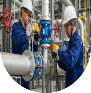 Técnicos realizando mantenimiento y corrección de tuberías de gas natural en planta industrial, reparando fugas, reconfigurando líneas y optimizando presión, asegurando operación continua y seguridad.