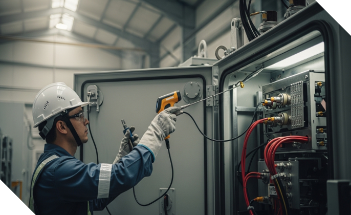 Técnico especializado realizando mantenimiento preventivo a transformador eléctrico industrial mediante inspección técnica y revisión de conexiones para evitar fallas operativas
