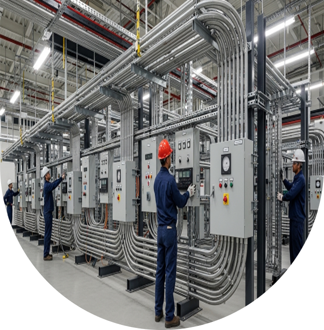 Instalación de tuberías conduit eléctricas en planta industrial, protegiendo sistemas críticos, con rutas organizadas y técnicos supervisando, destacando seguridad, confiabilidad y continuidad de operación.