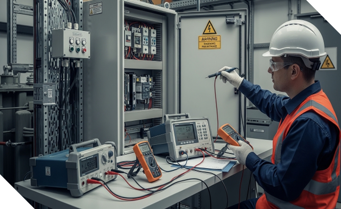 Ingeniero eléctrico realizando pruebas de diagnóstico y medición técnica en transformador industrial utilizando equipos especializados para evaluar su condición operativa