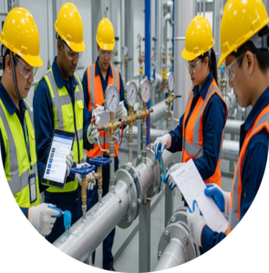 Técnicos realizando pruebas de hermeticidad y verificación de fugas en tuberías de gas natural, con equipo de seguridad y certificados visibles, destacando cumplimiento normativo y reducción de riesgos.