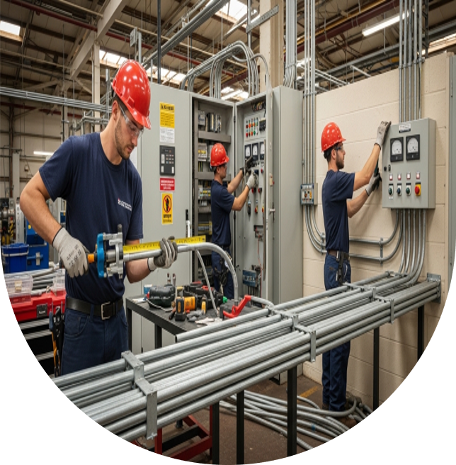 Técnicos reorganizando y corrigiendo tuberías conduit eléctricas existentes, sustituyendo tramos dañados y optimizando rutas para mayor accesibilidad y cumplimiento normativo en planta industrial.