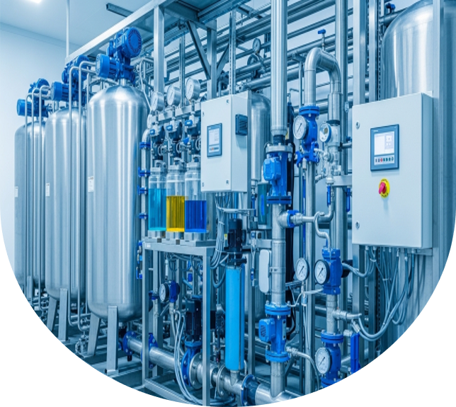 Sistema de tratamiento de agua industrial con filtración, dosificación química y tuberías especializadas