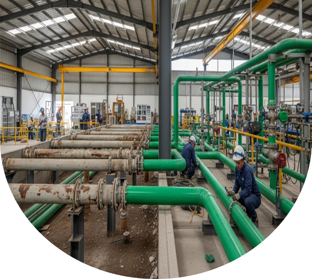 Sustitución de tuberías antiguas por sistema Tuboplus en instalación industrial moderna