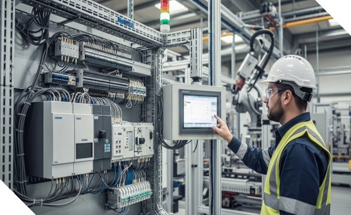 Ingeniero industrial operando tablero de control con PLC y pantalla HMI para supervisar automatización de maquinaria en planta productiva