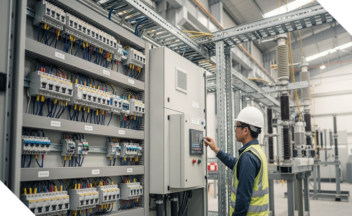 Ingeniero eléctrico supervisando tablero de distribución industrial con protección de circuitos y control de carga energética dentro de planta productiva