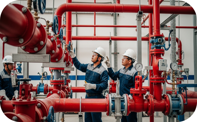Sistema contra incendio industrial con red de hidrantes y tuberías instaladas