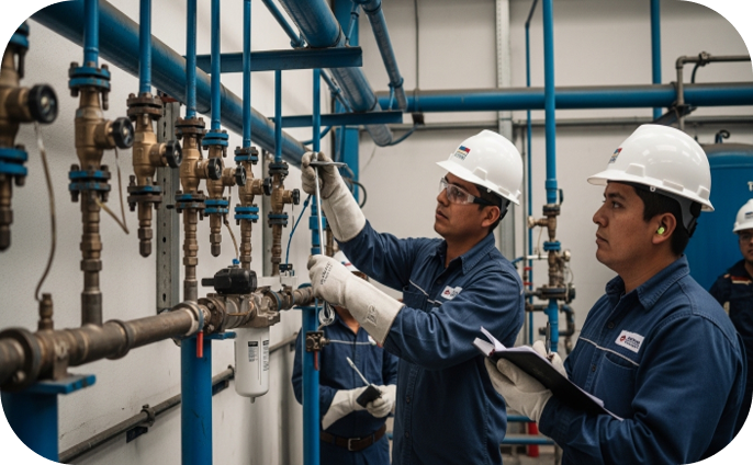 Técnicos revisando sistema de aire comprimido para mantener flujo constante