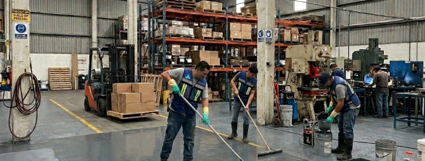 Aplicación de piso epóxico industrial en nave industrial de Monterrey con recubrimiento resistente para tránsito y operación manufacturera.