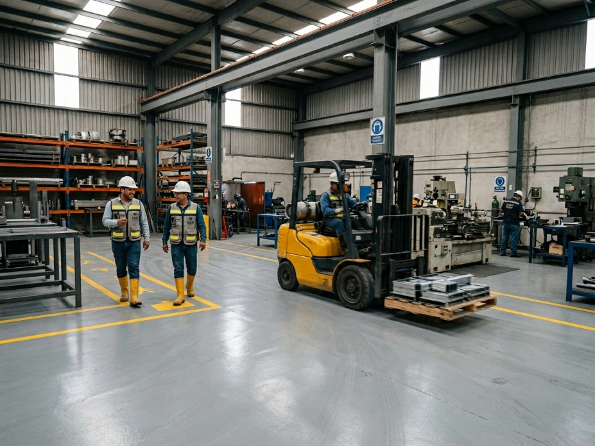 Piso epóxico industrial antiderrapante y resistente en planta industrial de Monterrey con operación manufacturera y superficie fácil de limpiar.