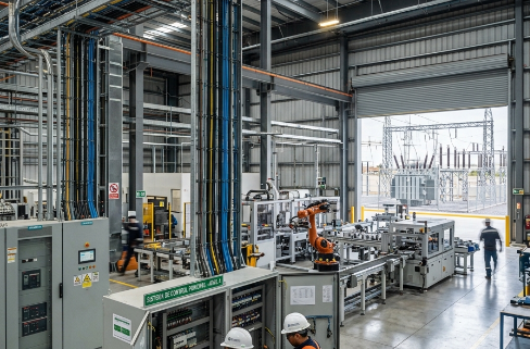 Instalación eléctrica industrial avanzada en nave industrial de Monterrey con tableros eléctricos, automatización y cableado industrial profesional.