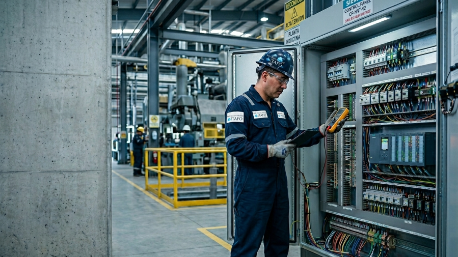 Especialista revisando tablero eléctrico industrial en planta de Monterrey con infraestructura eléctrica profesional