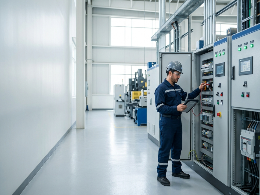 Especialista realizando inspección eléctrica industrial para reducir riesgos, evitar paros y mejorar la estabilidad operativa de una planta industrial.