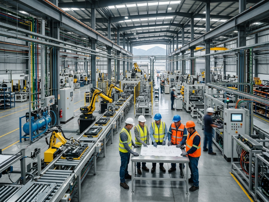 Imagen hiperrealista de expansión industrial en Monterrey, Nuevo León, con infraestructura industrial moderna, líneas de producción automatizadas, instalaciones eléctricas y personal supervisando operaciones en planta industrial.