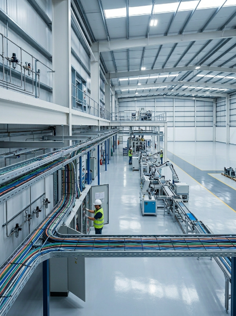 Nave industrial en Nuevo León en proceso de adecuación con instalaciones eléctricas, sistemas neumáticos, integración de líneas de producción e infraestructura operativa lista para producción industrial.