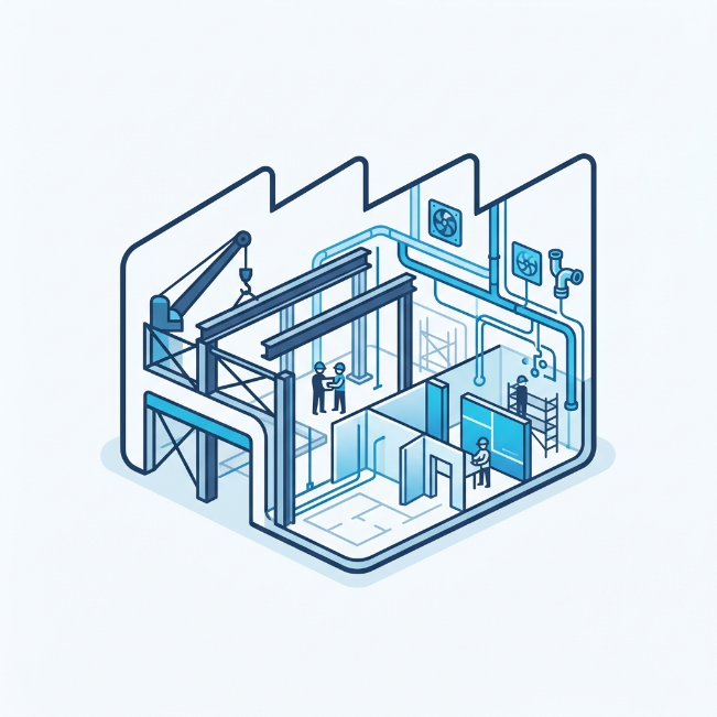 Ilustración de adecuación de nave industrial con refuerzos estructurales, adaptación de espacios e infraestructura industrial personalizada.