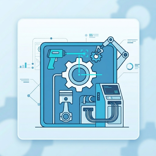 Ilustración de montaje de maquinaria industrial con instalación, alineación y conexiones técnicas especializadas