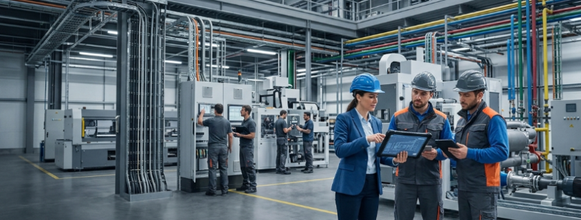 Planta industrial moderna con ingenieros coordinando un proyecto industrial llave en mano en Nuevo León, integrando ingeniería, instalación y automatización de sistemas industriales.