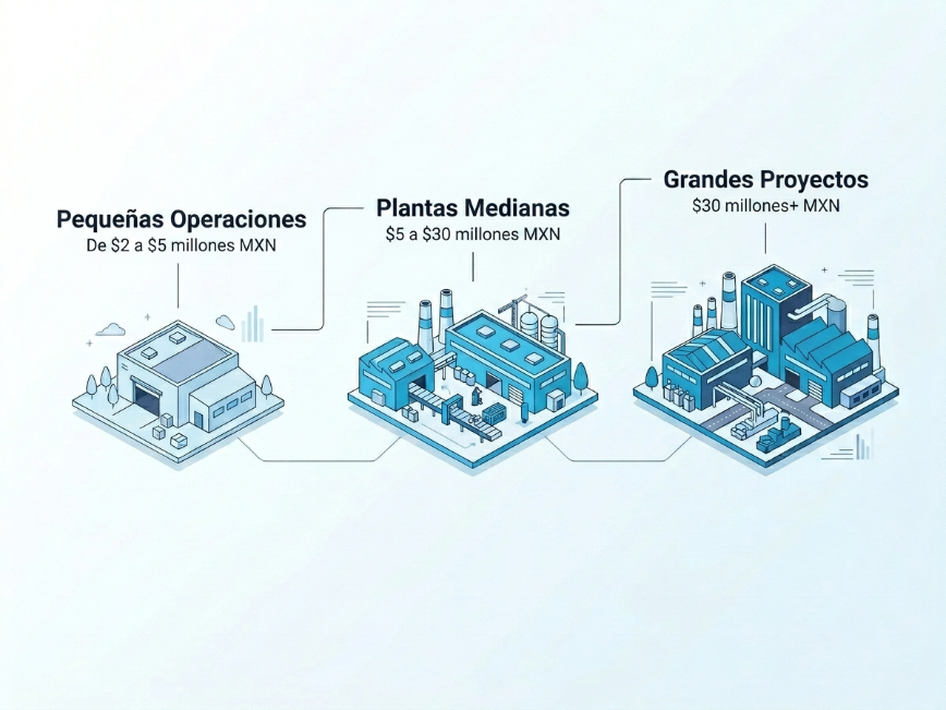 inversion-tota-estimada Infografía industrial que compara niveles de inversión para pequeñas operaciones, plantas medianas y proyectos industriales grandes mediante ilustraciones de diferentes escalas de infraestructura industrial.