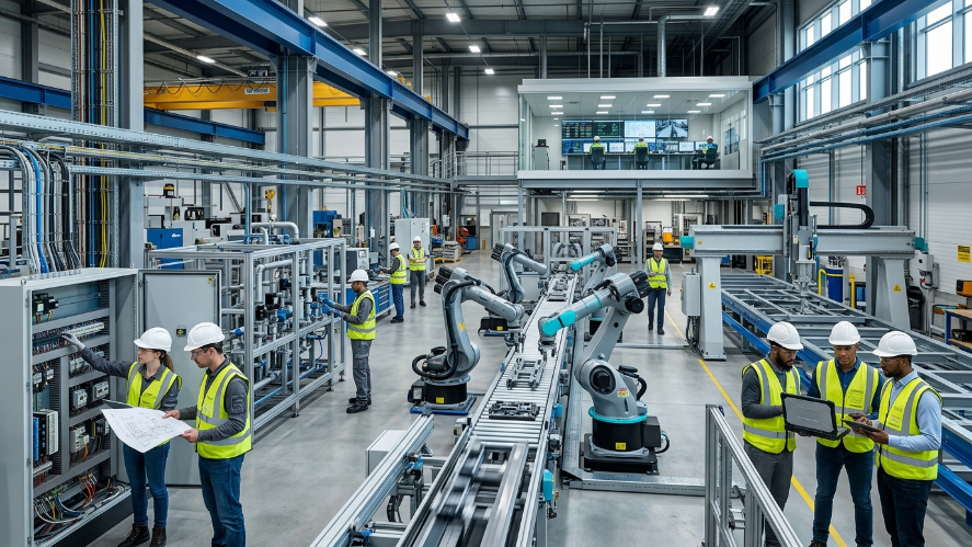 Imagen de integración industrial en planta moderna con infraestructura, instalación eléctrica, automatización y soporte operativo para empresas en expansión en Nuevo León.
