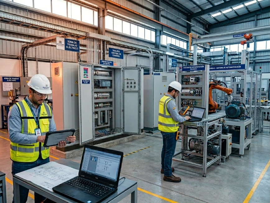 que incluye un servicio Servicio profesional de ingeniería e instalación eléctrica industrial con integración de maquinaria, pruebas eléctricas y mantenimiento preventivo en planta industrial.