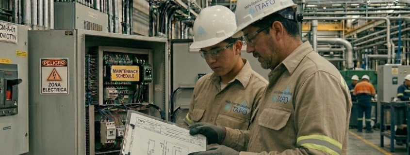 Especialista revisando tablero eléctrico industrial en planta de Monterrey con infraestructura eléctrica profesional