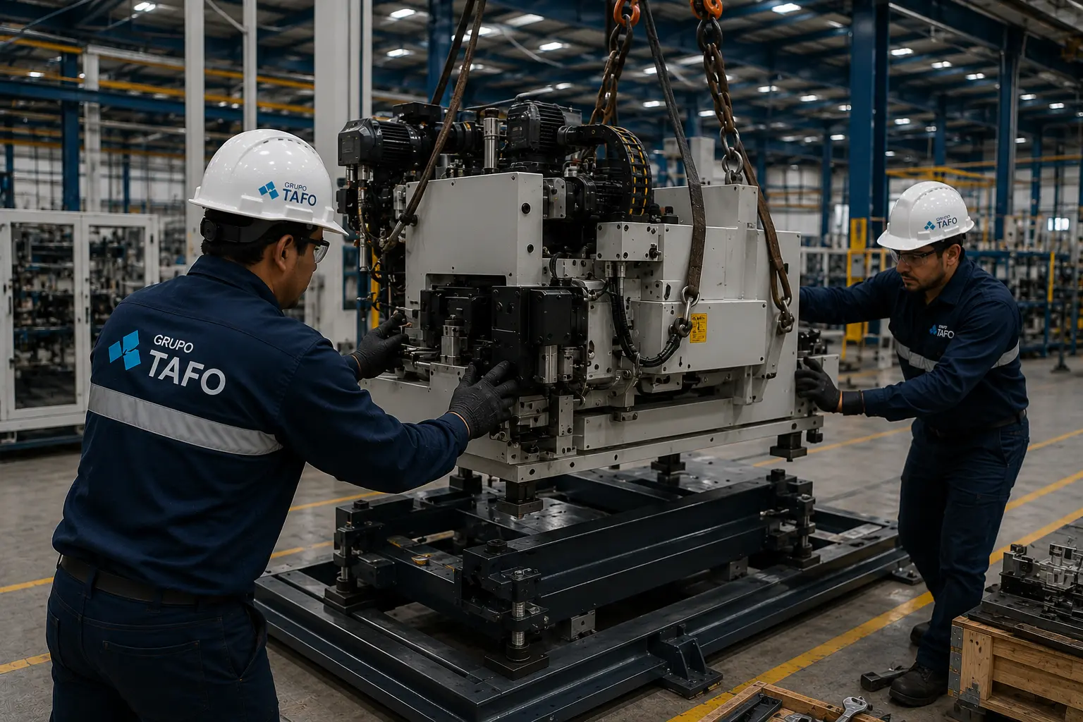 Instalación Mecánica Industrial con técnicos de Grupo TAFO implementando equipos de manufactura para producción y ensamble en una planta industrial.