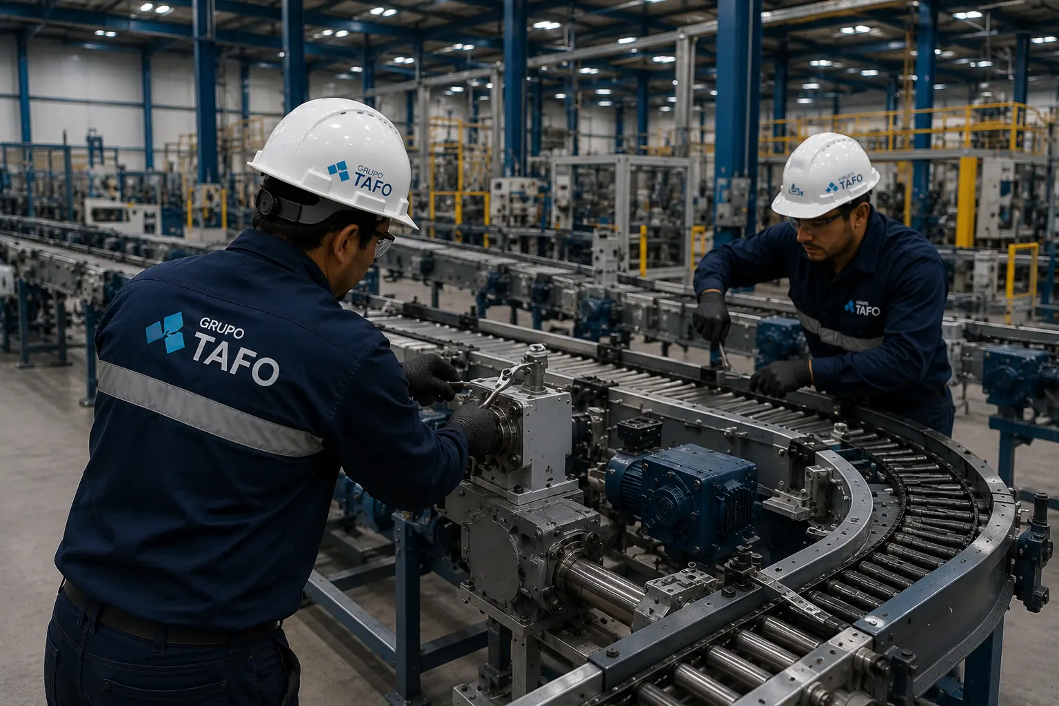 Instalación Mecánica Industrial con técnicos de Grupo TAFO integrando líneas de producción y conectando equipos de manufactura en una planta industrial.