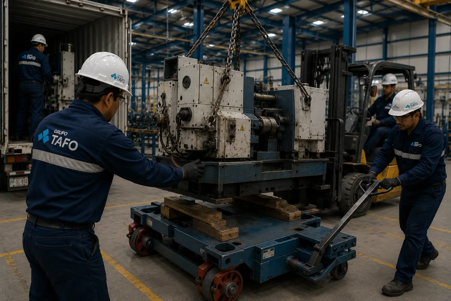 Instalación Mecánica Industrial con técnicos de Grupo TAFO realizando la reubicación de maquinaria mediante desmontaje, traslado e instalación de equipos en una planta industrial.