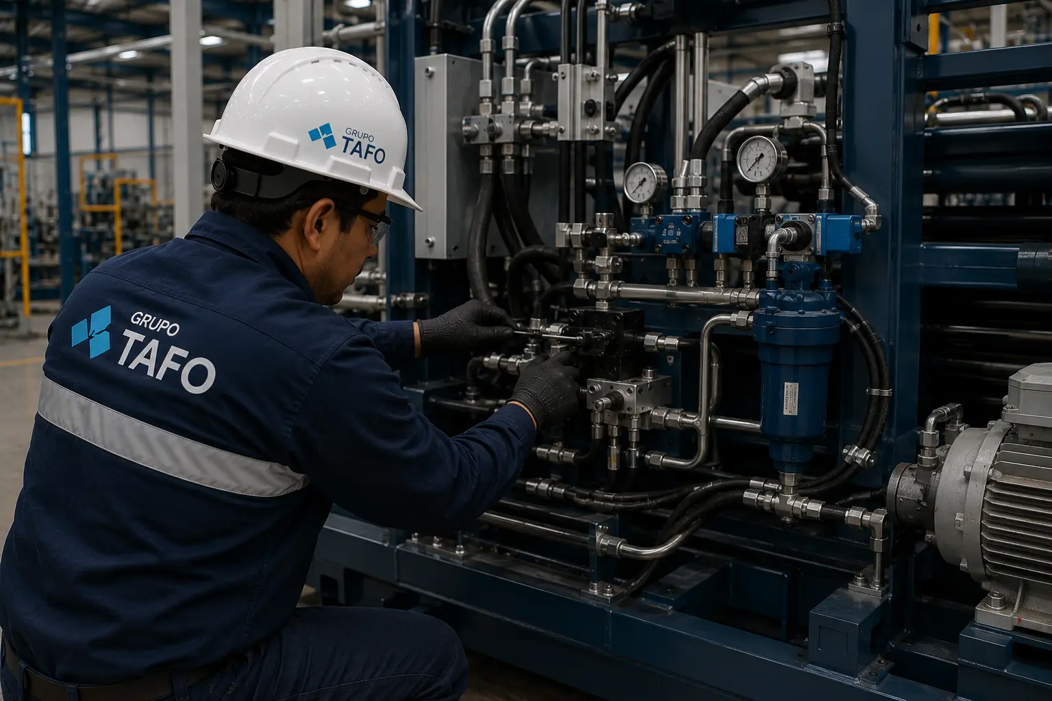 Instalación Mecánica Industrial con técnico de Grupo TAFO integrando sistemas neumáticos e hidráulicos para el funcionamiento de maquinaria industrial en una planta de manufactura.