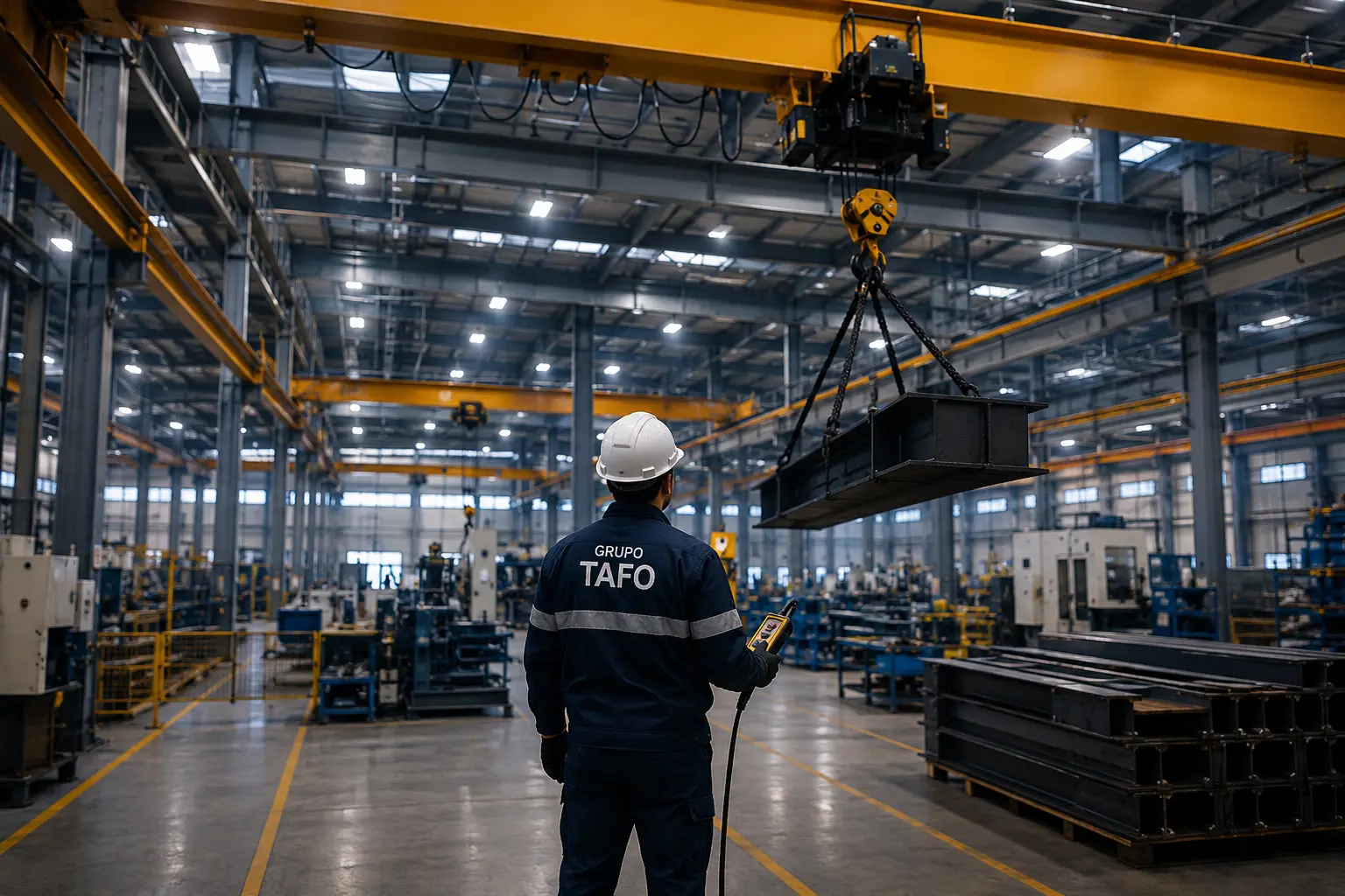 Operador de Grupo TAFO manipulando un polipasto y grúa viajera para el movimiento seguro de materiales en una planta industrial con sistema de elevación de cargas pesadas.