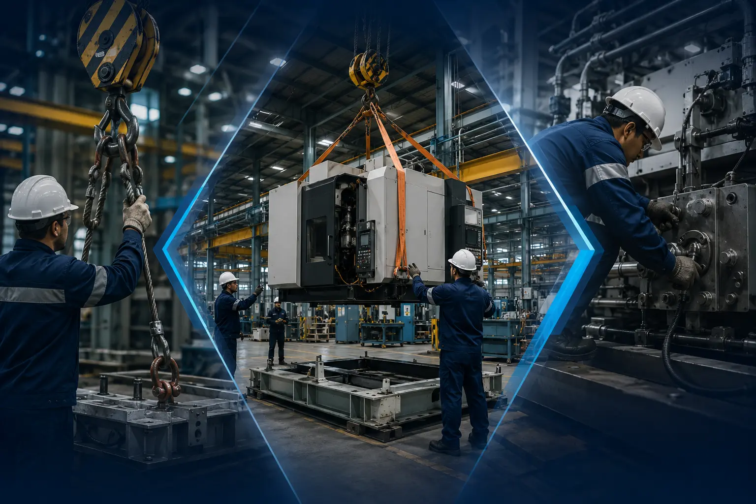 Maniobras de montaje y desmontaje de equipos industriales con izaje especializado, instalación de maquinaria pesada y coordinación técnica para proyectos de expansión industrial.