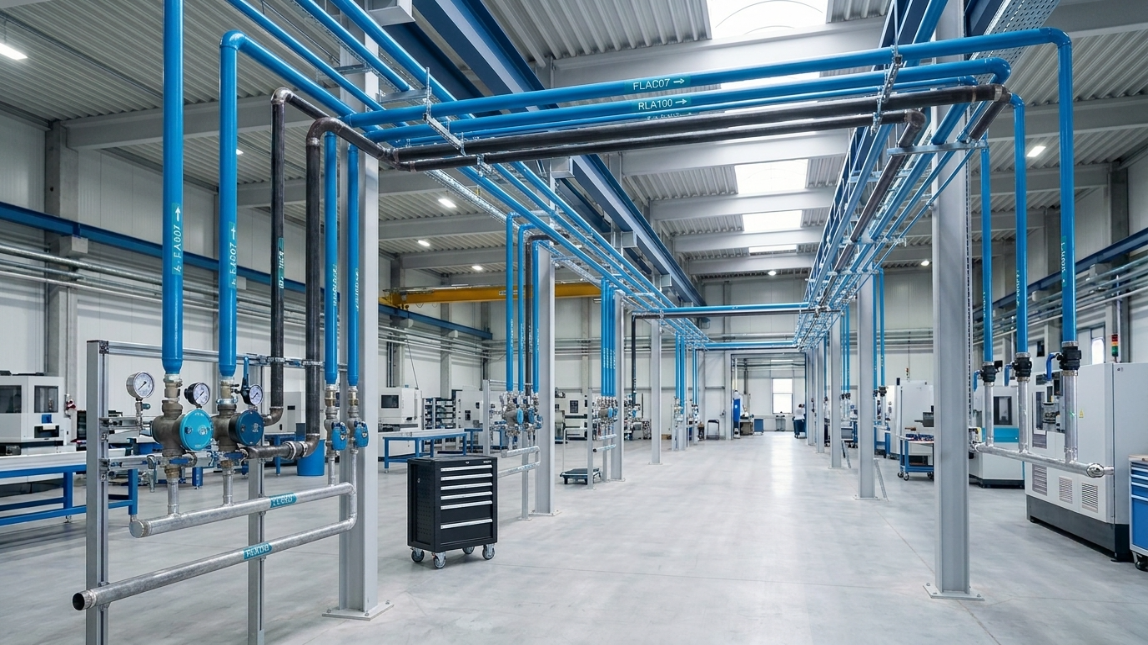ingenieria y red de aire comprimido Sistema de aire comprimido industrial con red de tuberías, compresores y equipos de distribución instalados en planta de manufactura.