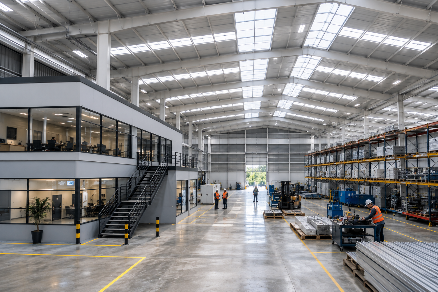 Instalación de domos y tragaluz industrial integrada a proyecto de rehabilitación de nave industrial con techumbre renovada y áreas operativas modernizadas.