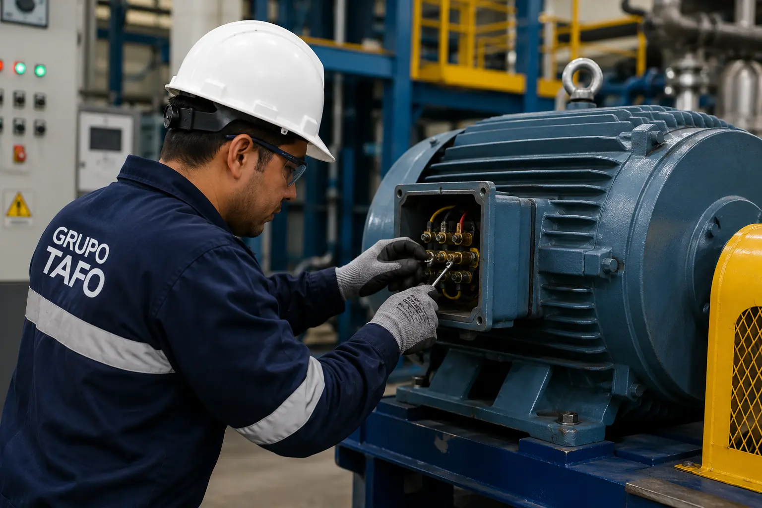 Mantenimiento Electromecánico Industrial realizado por técnico especializado durante la inspección, ajuste y conservación de un motor eléctrico en una planta industrial.